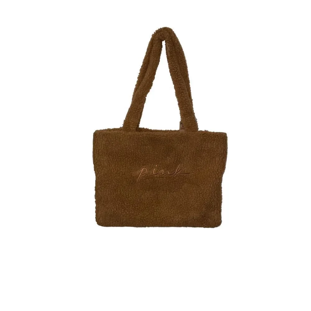 NEW Victoria Secret PINK Fuzzy Cozy Brown Plush Sherpa Tote Bag